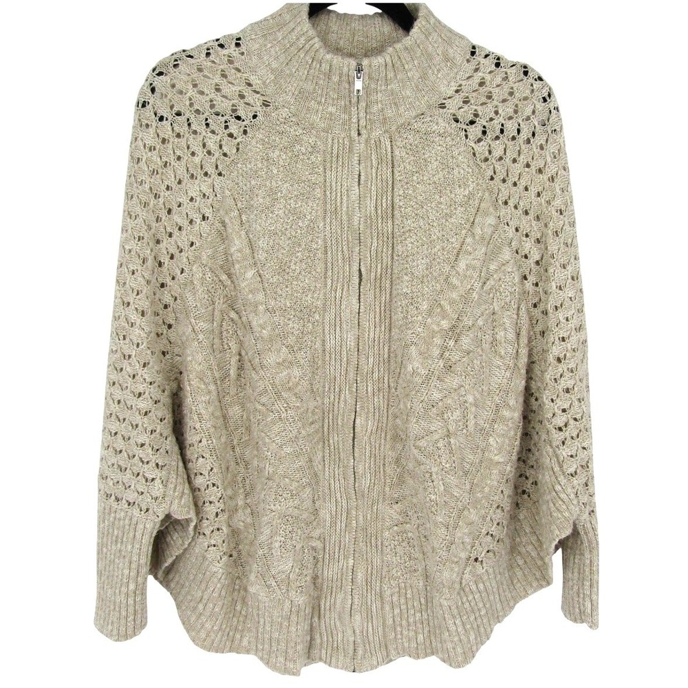 Maurices Zip Up Poncho Cardigan M/L Beige Cable Knit Boho Cottage Chic Layer